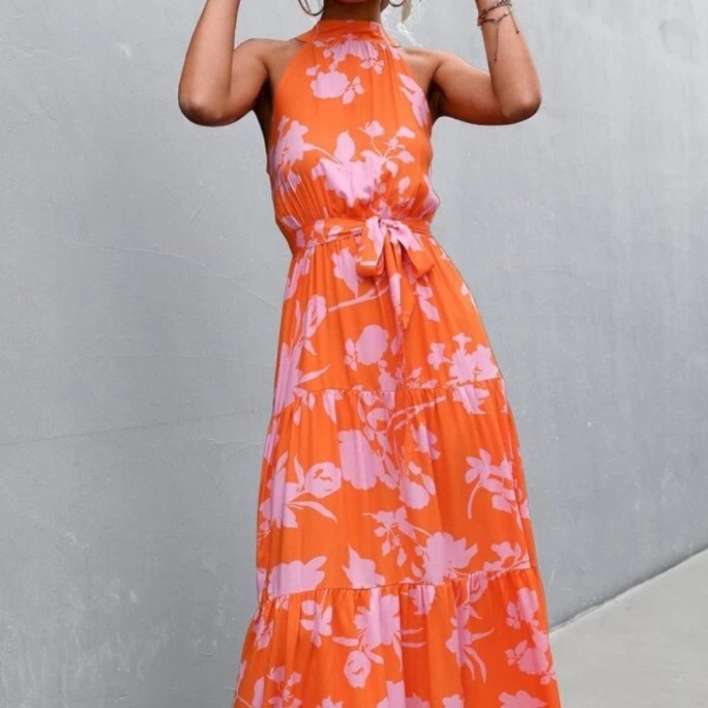boho floral print belted halter maxi dress - Picture 10 of 13